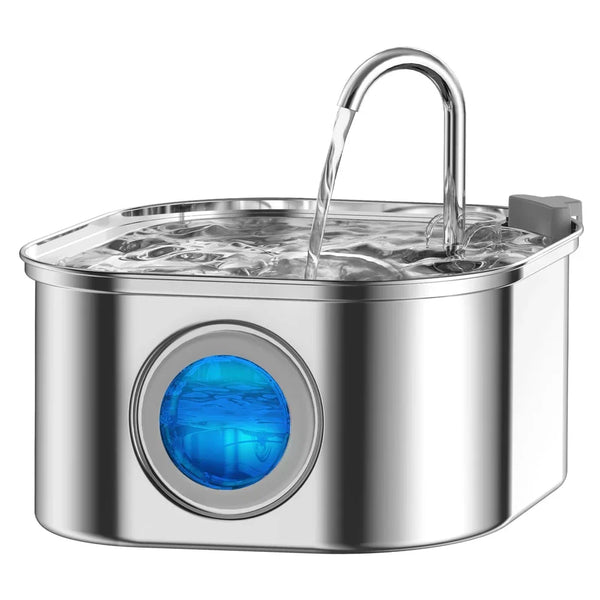 Stainless steel pet water fountain with a visible blue window and filtration system
