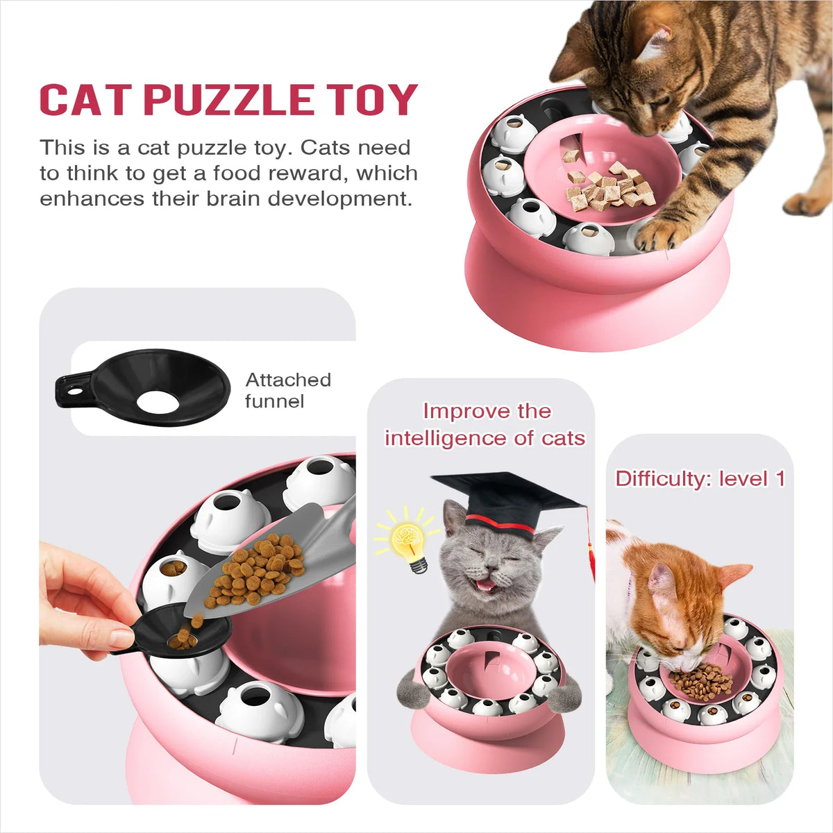 Eine Katze spielt mit einem interaktiven Slow-Feeder-Puzzlefutterbehälter zur Förderung der Gehirnentwicklung.