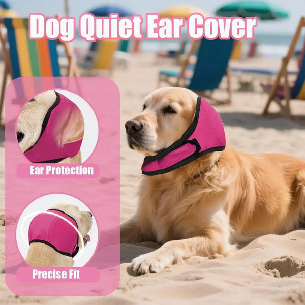 A golden retriever wearing a pink dog quiet ear cover while relaxing on a sandy beach.
