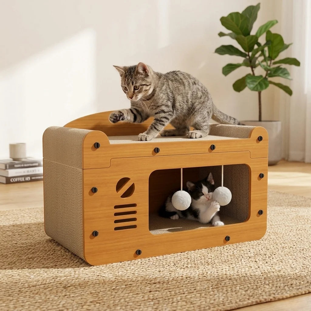 A wooden cat scratcher house and lounge bed with a cat sitting on top and another cat inside.