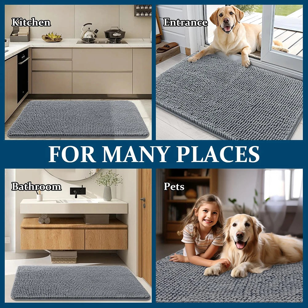 Alfombras para mascotas grises, absorbentes y antideslizantes, mostradas en diferentes entornos interiores y exteriores.