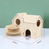 A light wood hamster house with an activity platform and arched entrance, shown from the side.