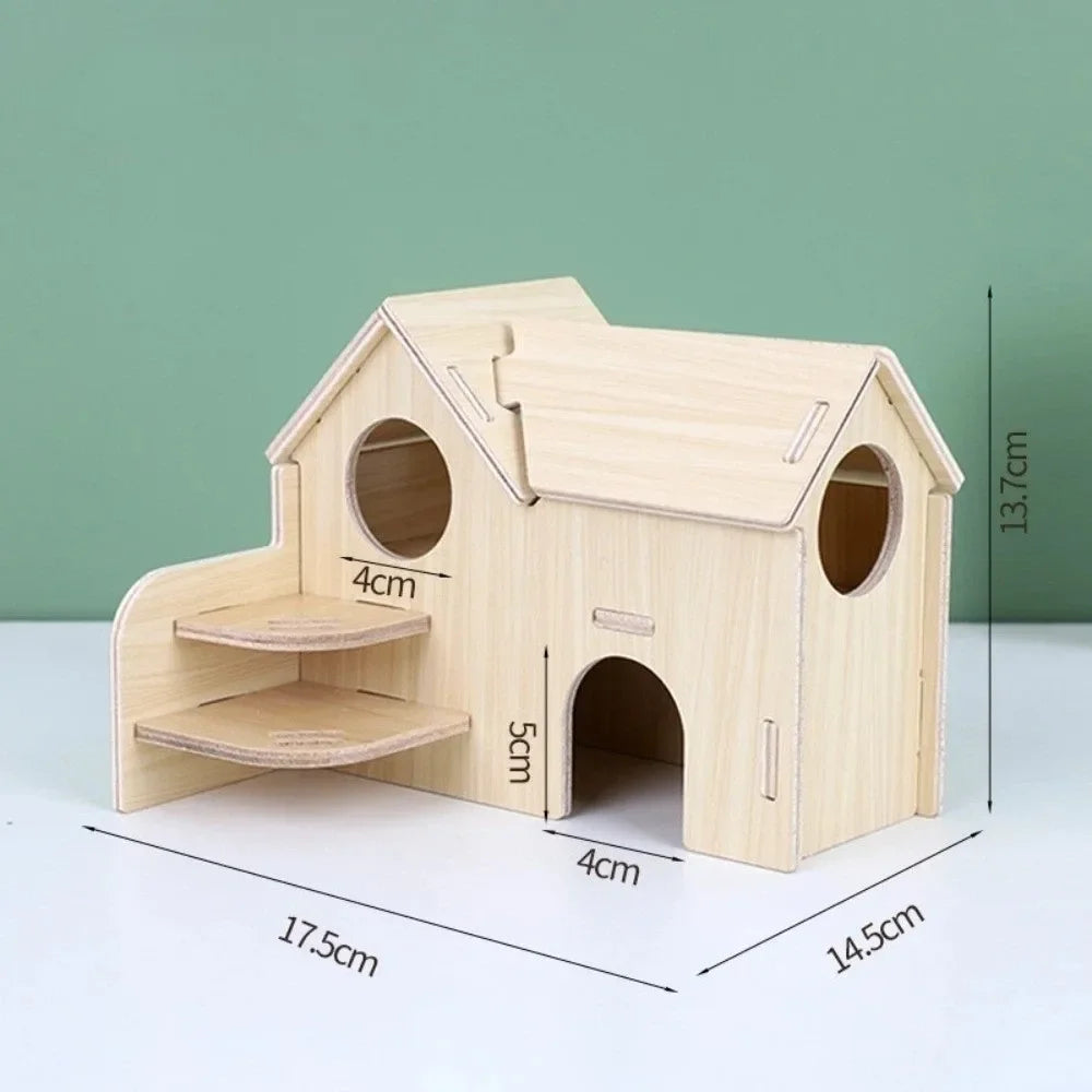 A light wood hamster house with an activity platform and arched entrance, shown from the side.