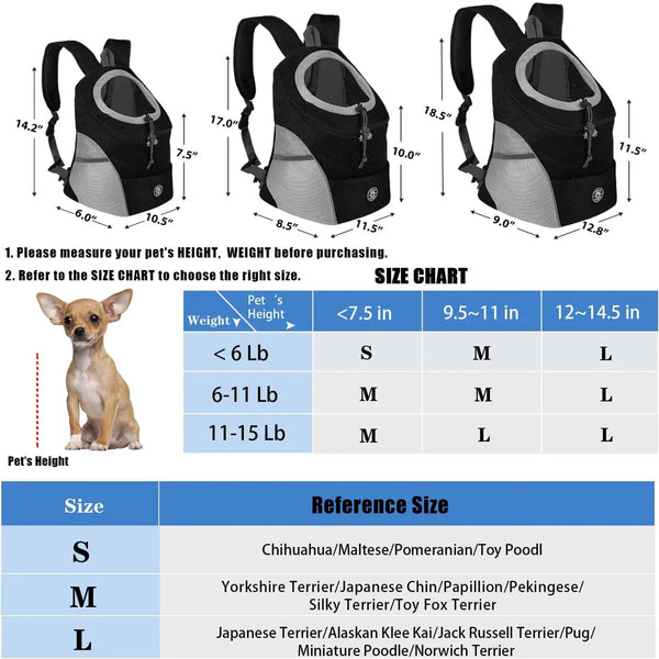 A black dog backpack carrier shown from the side with various size options and measurements.