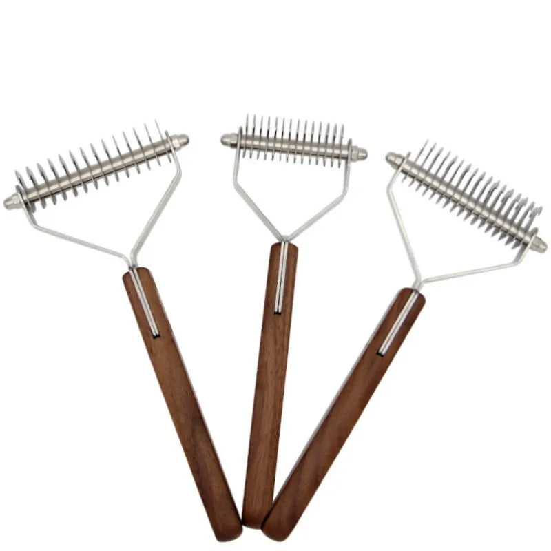 A set of double-sided dog grooming combs and brushes with metal teeth and wooden handles.