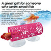 A pink, perforated tube with a suction cup is shown floating in water, designed to prevent small fish from passing through.