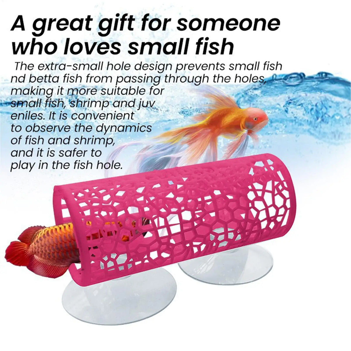 A pink, perforated tube with a suction cup is shown floating in water, designed to prevent small fish from passing through.