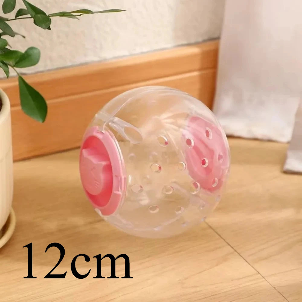 A clear plastic ball designed for hamster exercise and play, featuring pink accents.