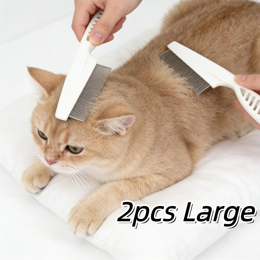 A cat is being groomed with a white multi-functional pet grooming comb and brush set.