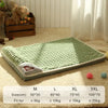 Orthopedic memory foam dog bed in light green with a grid pattern shown on a beige carpet.