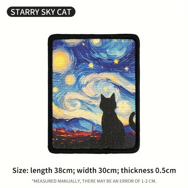 A dark felt cat scratching board featuring a starry night sky and a silhouette of a black cat.