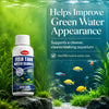 Une bouteille de clarifiant pour aquarium, dans un cadre aquatique naturel avec plantes et poissons.