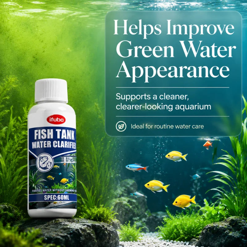 Une bouteille de clarifiant pour aquarium, dans un cadre aquatique naturel avec plantes et poissons.