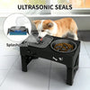 An ultrasonic seal dog bowl stand is shown with a dog eating from it, demonstrating its splashproof feature.