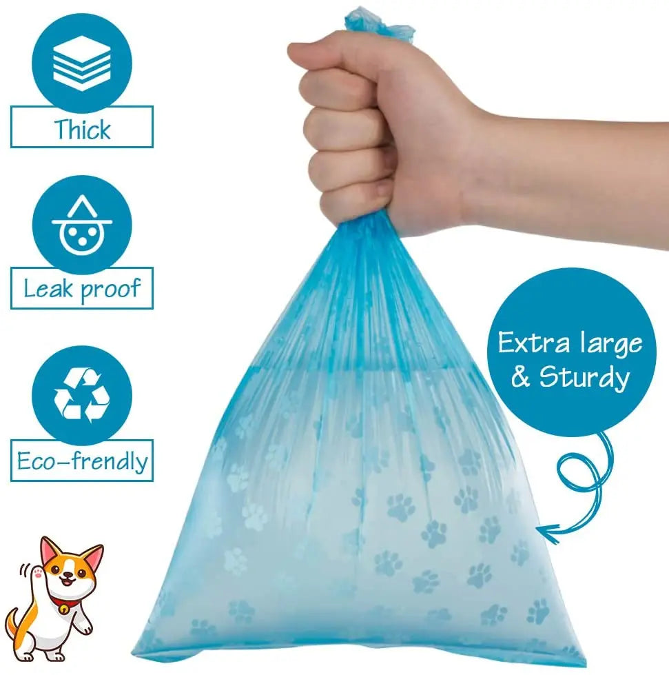 A hand is holding a light blue reusable pet poop bag, emphasizing its thick and leak-proof features.