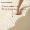 A hand is pressing into a flexible, white integral sponge product designed for strong support and high elasticity.