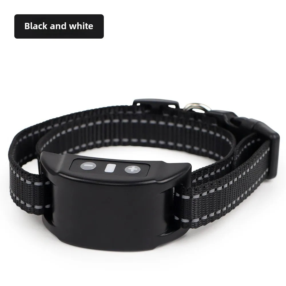 Black USB rechargeable dog bark collar with a padded strap and control buttons