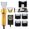 A set of professional grooming clippers and attachments for pets, including a main body, various blades, and a carrying case.