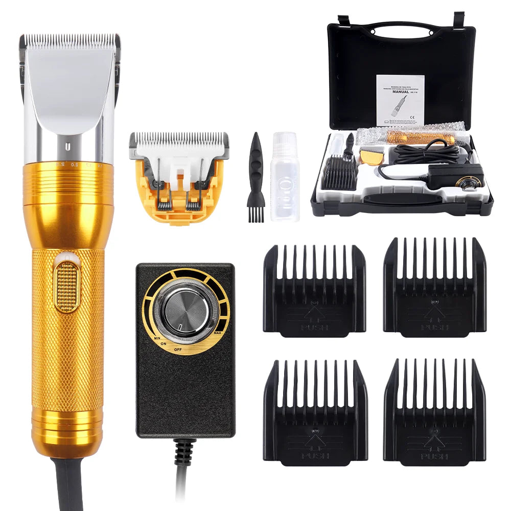 A set of professional grooming clippers and attachments for pets, including a main body, various blades, and a carrying case.