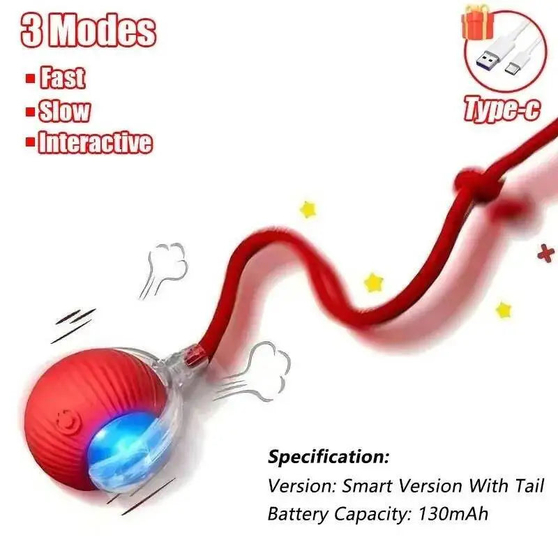 A red motion-activated cat toy ball with a flexible tail, demonstrating three modes of operation.