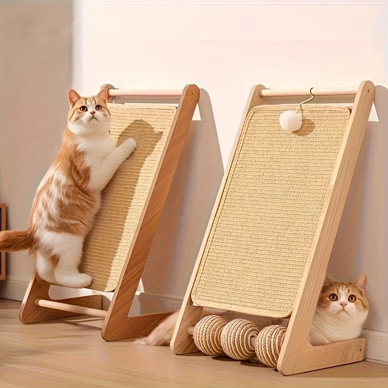 A wooden cat scratch board with a sisal pad is shown, featuring two cats using the boards.