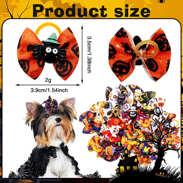 Halloween pumpkin print dog hair bows with rubber bands displayed on a dog and surrounding foliage