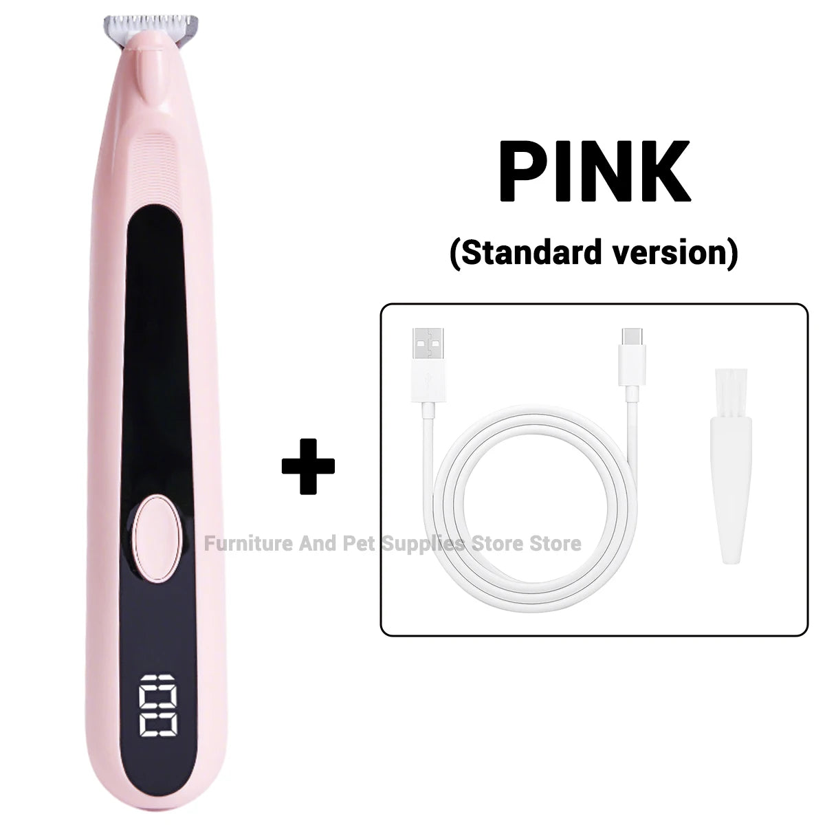 Rosa Standardversion eines Haartrimmers für Haustiere mit LED-Licht und Ladekabel.