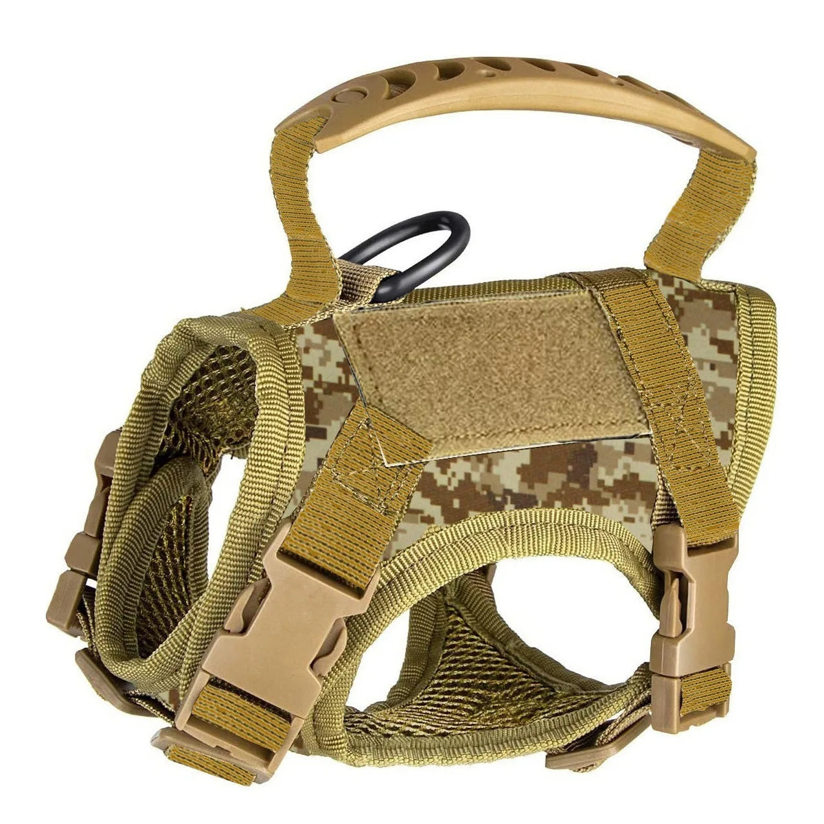 A tan mesh cat harness with adjustable straps and a padded chest area.