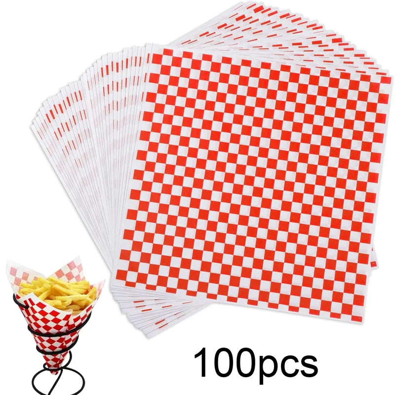 A stack of 100 sheets of red and white checkerboard oil-proof sandwich wrapping paper.