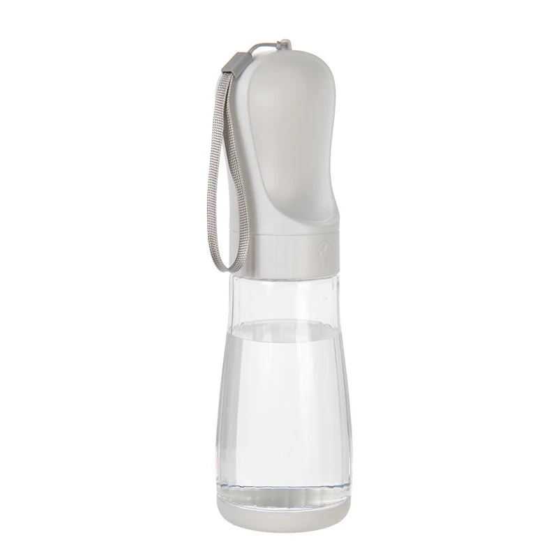 A clear glass and silicone dispenser for portable pet water and food.