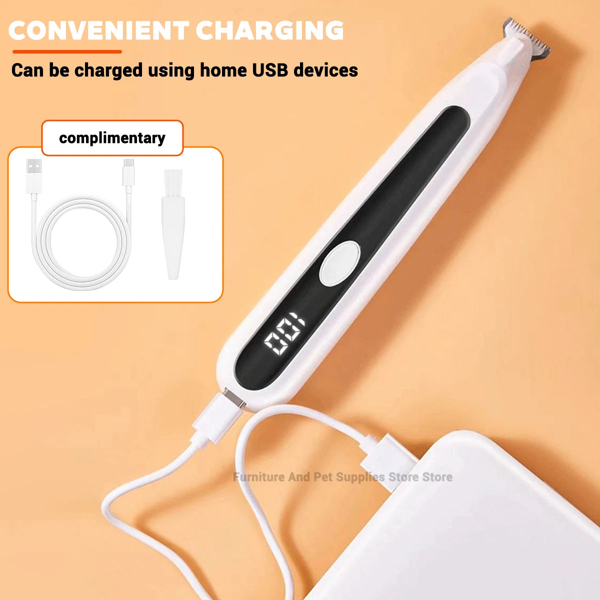 Weißer Haartrimmer für Haustiere mit Ladekabel und weißem Zubehör auf orangem Hintergrund.