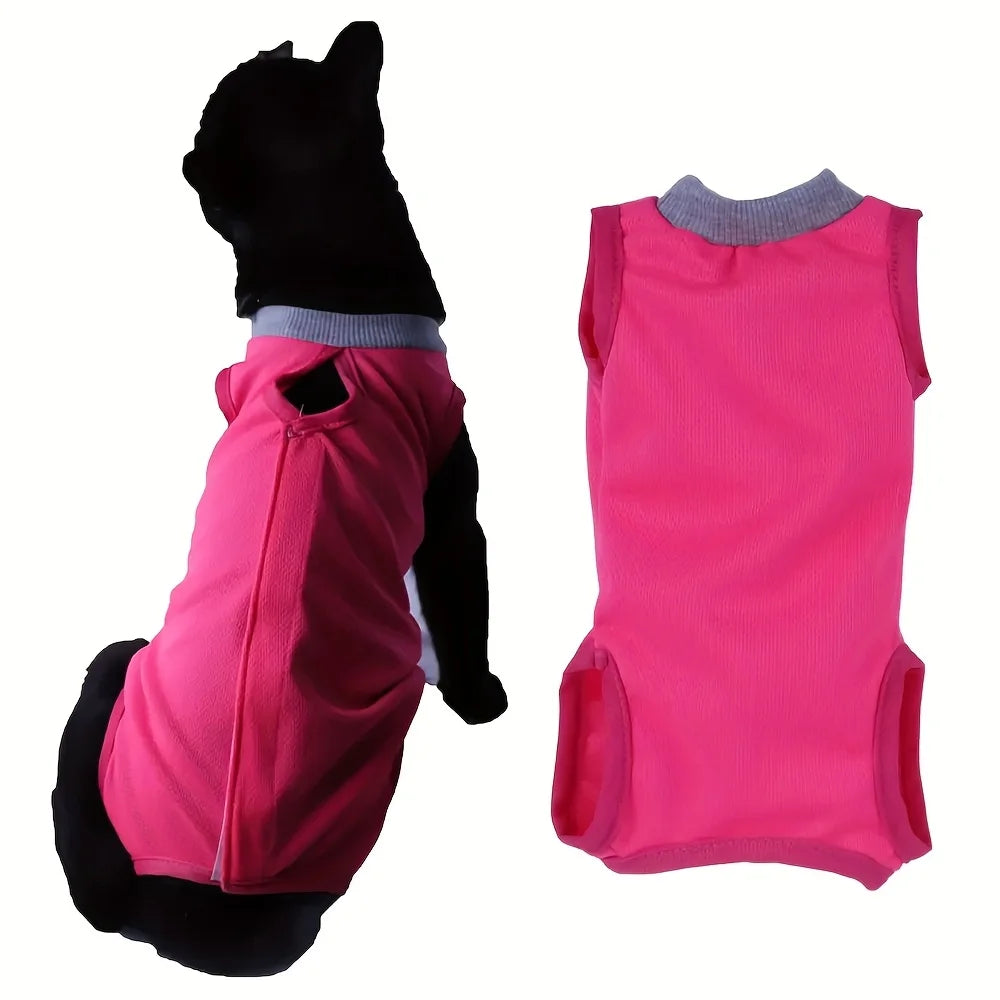 A bright pink and black cat recovery suit for pets.