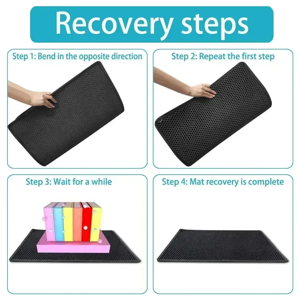 Instructions for recovering a waterproof double-layer cat litter mat, showing four steps from bending to complete recovery.