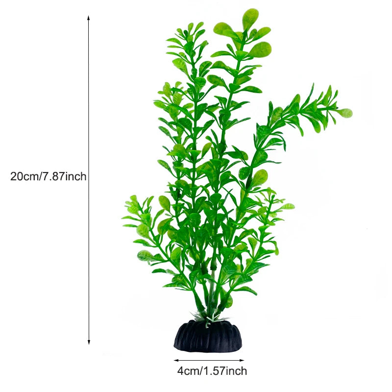Composition de plantes aquatiques artificielles vertes vibrantes avec une base noire et une hauteur de 20 cm.