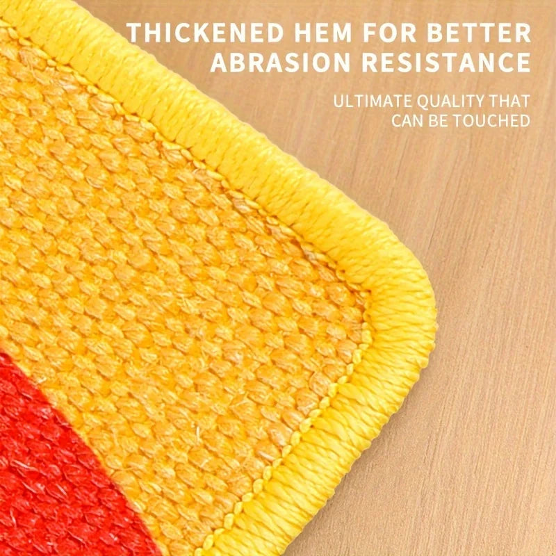 Close-up of a yellow sisal cat scratching board with a red section, showing thickened hem for abrasion resistance.