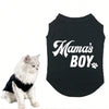A black pet shirt featuring white text that reads Mama's BOY with a paw print design.