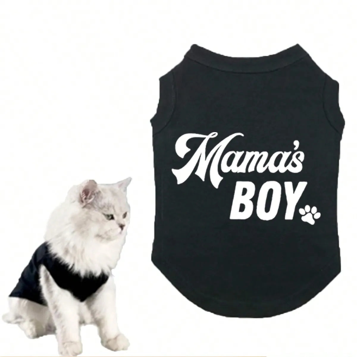 A black pet shirt featuring white text that reads Mama's BOY with a paw print design.