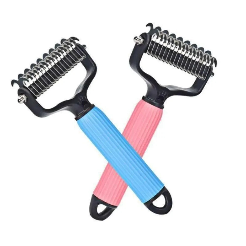 A pink and blue universal stainless steel pet detangling comb with black handles.