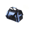 A portable foldable pet carrier for cats and dogs in blue and black fabric.