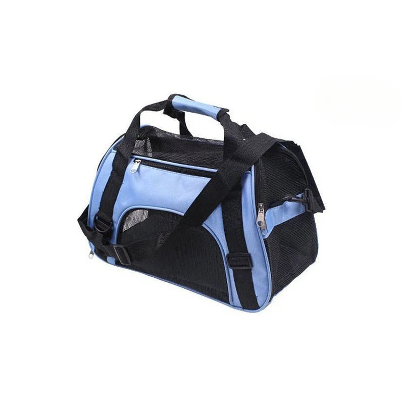 A portable foldable pet carrier for cats and dogs in blue and black fabric.