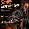 A black German Shepherd dog wearing a detailed Halloween monster style muzzle costume.