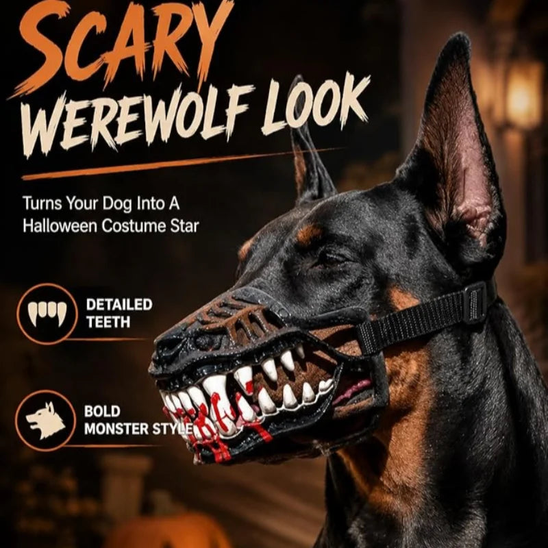 A black German Shepherd dog wearing a detailed Halloween monster style muzzle costume.