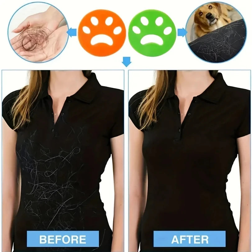 Before and after comparison showing a reusable pet hair and lint remover tool removing hair from skin and fabric.