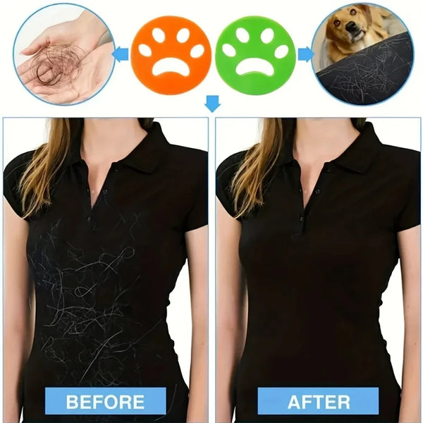 Before and after comparison showing a reusable pet hair and lint remover tool removing hair from skin and fabric.