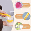 A hand is using a yellow silicone pet bath brush with a curved handle and large caliber design to dispense shampoo onto a pet