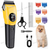 A yellow pet hair clipper with various attachments, including combs and a grooming tool, next to a small dog.