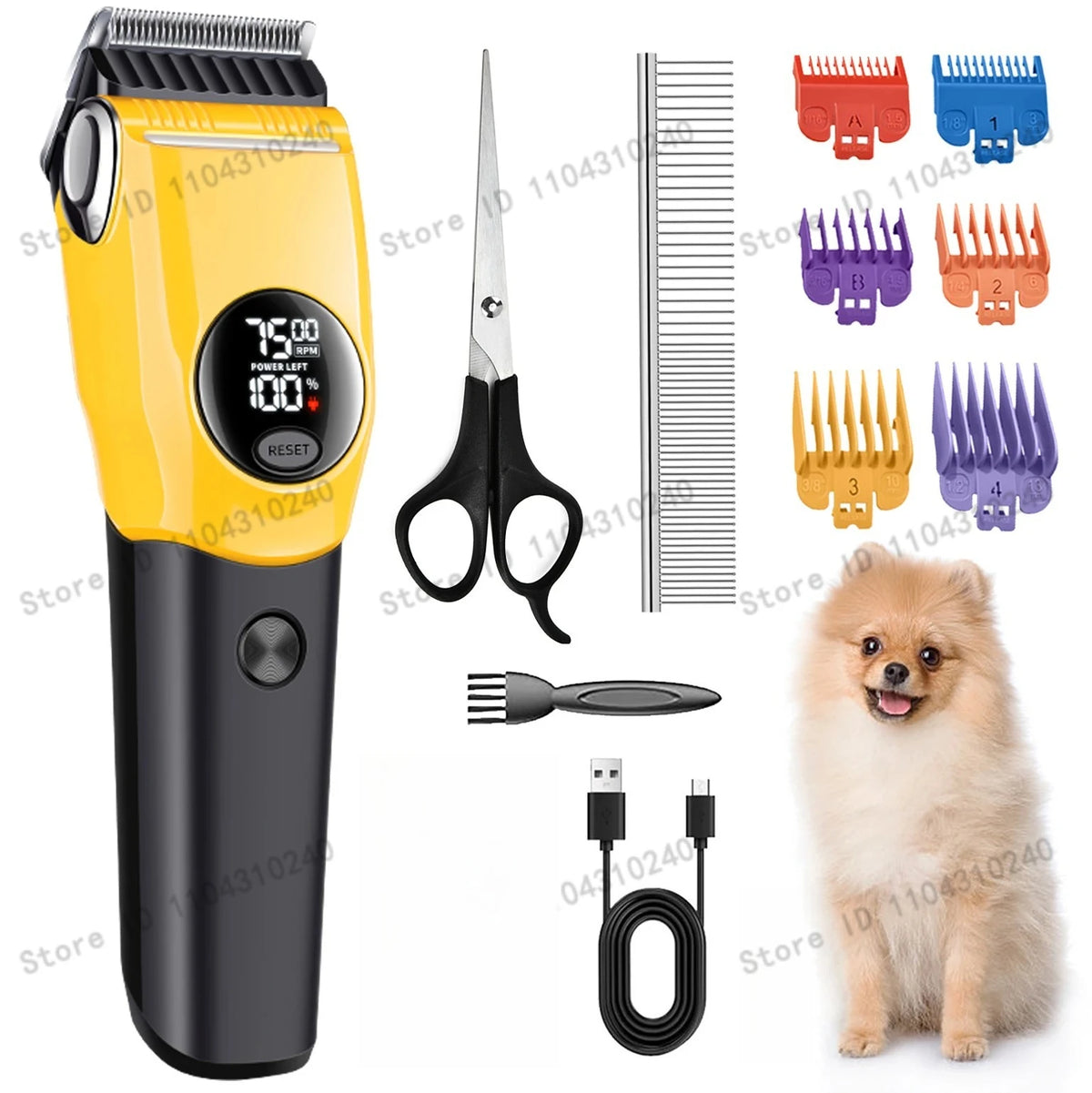 A yellow pet hair clipper with various attachments, including combs and a grooming tool, next to a small dog.