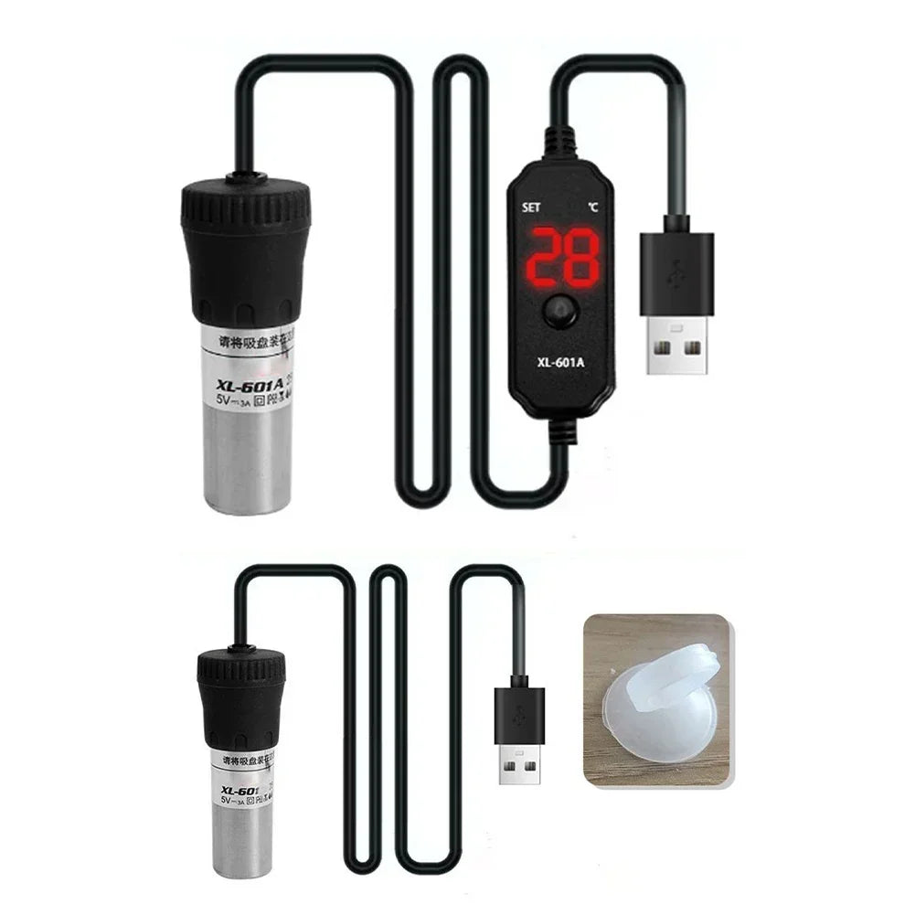 Juego de calentadores para acuarios USB ajustables, incluyendo unidad principal y control remoto con pantalla digital.
