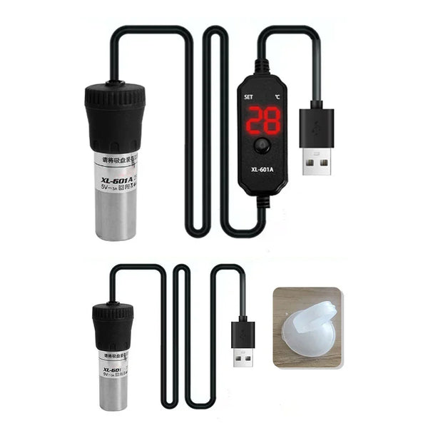 Juego de calentadores para acuarios USB ajustables, incluyendo unidad principal y control remoto con pantalla digital.