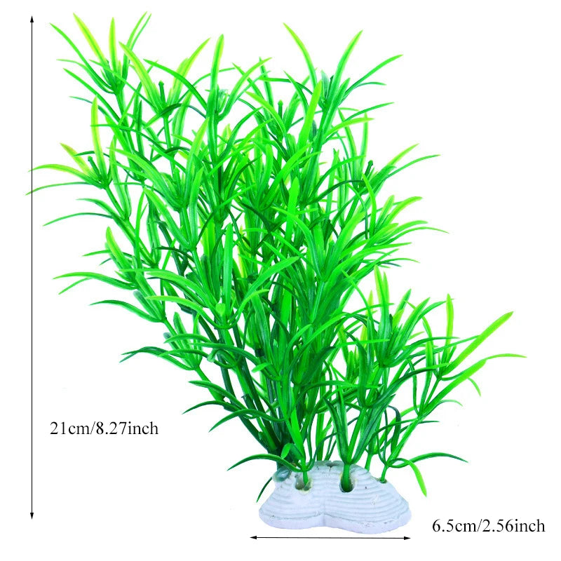 Un bouquet de plantes aquatiques artificielles vert vif avec une base blanche.